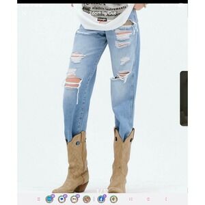 Wrangler x‎ Fender Mom Relaxed Fit Ripped Distressed Jeans Size 25 Light Wash